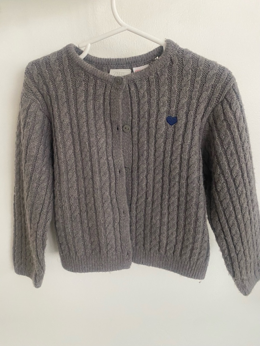 Zara Gray Cable Knit Cardigan with Blue Heart Accent